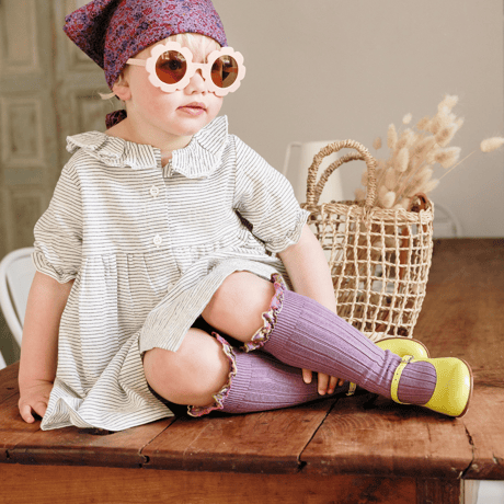 【collegien】Eglantine/Embroidered Ruffle Ribbed Knee-high Socks
