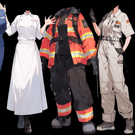 【透過素材】制服/女性50枚(立ち絵作成用・学生、医者、看護師、CA、消防士、警備員、秘書、OL、花屋、パン屋、エンジニア、メイド、巫女)