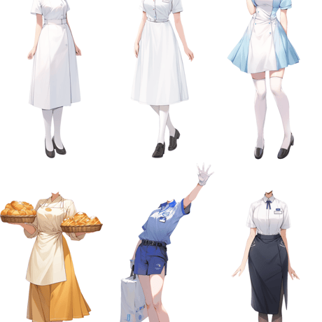 【透過素材】制服/女性50枚(立ち絵作成用・学生、医者、看護師、CA、消防士、警備員、秘書、OL、花屋、パン屋、エンジニア、メイド、巫女)