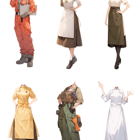 【透過素材】制服/女性50枚(立ち絵作成用・学生、医者、看護師、CA、消防士、警備員、秘書、OL、花屋、パン屋、エンジニア、メイド、巫女)