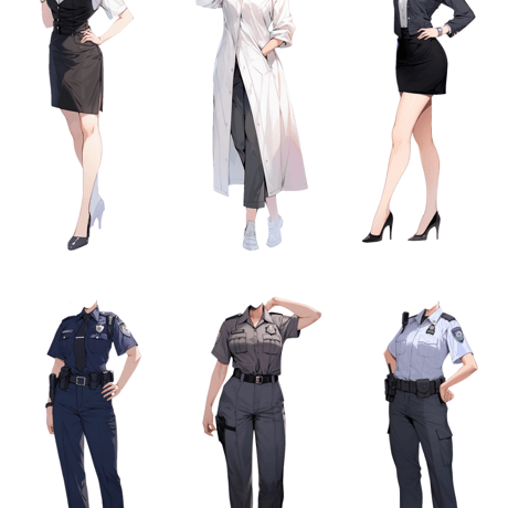【透過素材】制服/女性50枚(立ち絵作成用・学生、医者、看護師、CA、消防士、警備員、秘書、OL、花屋、パン屋、エンジニア、メイド、巫女)