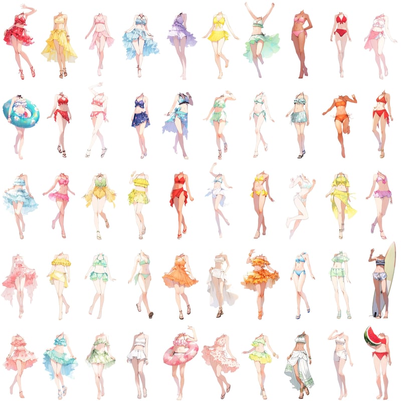 透過素材】水着/女性50枚(立ち絵作成用・夏用衣装、水泳着、フリル 