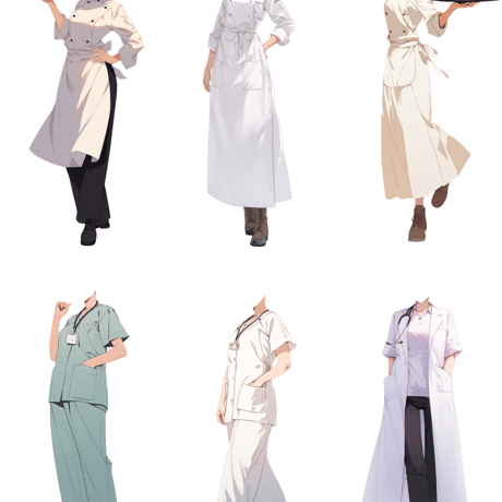 【透過素材】制服/女性50枚(立ち絵作成用・学生、医者、看護師、CA、消防士、警備員、秘書、OL、花屋、パン屋、エンジニア、メイド、巫女)