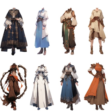 【透過素材】ファンタジー衣装/女性50枚(立ち絵作成用・魔法使い、騎士、戦士、貴族、アサシン、踊り子、中世）
