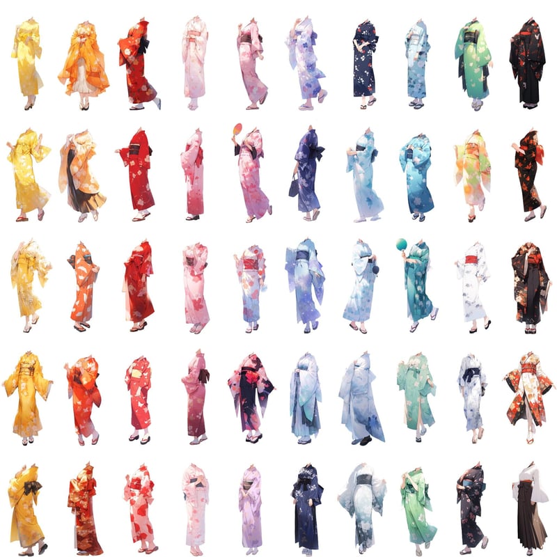 透過素材】和服/女性50枚(立ち絵作成用・着物、浴衣、袴、日本伝統衣装