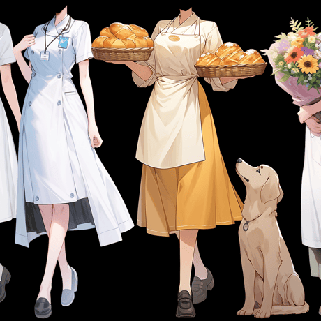 【透過素材】制服/女性50枚(立ち絵作成用・学生、医者、看護師、CA、消防士、警備員、秘書、OL、花屋、パン屋、エンジニア、メイド、巫女)