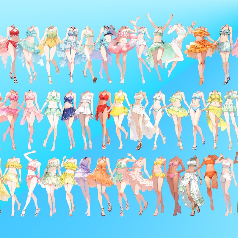 透過素材】水着/女性50枚(立ち絵作成用・夏用衣装、水泳着、フリル 