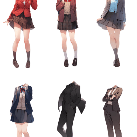 【透過素材】制服/女性50枚(立ち絵作成用・学生、医者、看護師、CA、消防士、警備員、秘書、OL、花屋、パン屋、エンジニア、メイド、巫女)