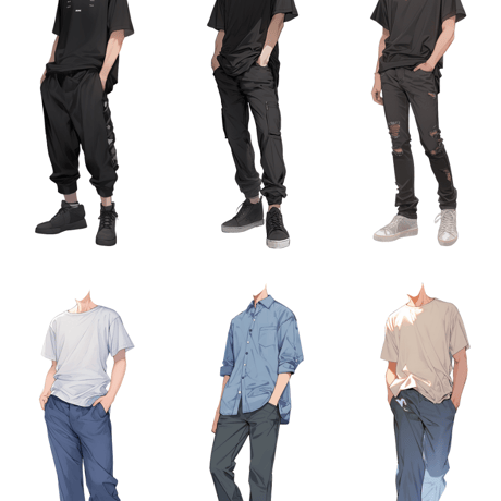 【透過素材】夏服/男性50枚(立ち絵作成用・Tシャツ、ワイシャツ、デニムパンツ、七分袖、スニーカー、革靴)