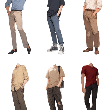 【透過素材】夏服/男性50枚(立ち絵作成用・Tシャツ、ワイシャツ、デニムパンツ、七分袖、スニーカー、革靴)