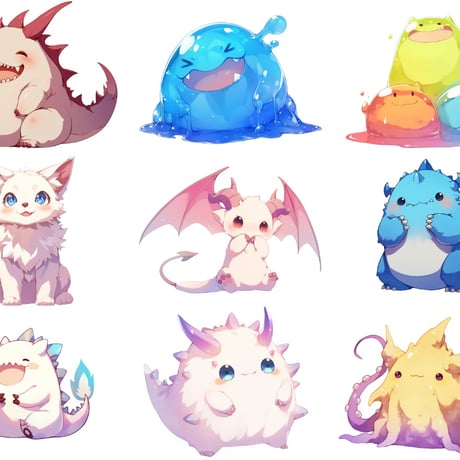 【透過素材】ゆるいモンスター50枚(ふわふわ、もこもこ、ぷにぷに、可愛いモンスター)