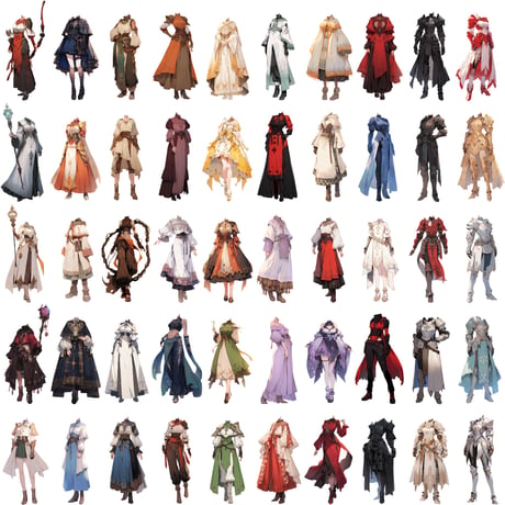 【透過素材】ファンタジー衣装/女性50枚(立ち絵作成用・魔法使い、騎士、戦士、貴族、アサシン、踊り子、中世）