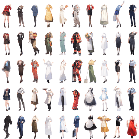 【透過素材】制服/女性50枚(立ち絵作成用・学生、医者、看護師、CA、消防士、警備員、秘書、OL、花屋、パン屋、エンジニア、メイド、巫女)