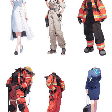 【透過素材】制服/女性50枚(立ち絵作成用・学生、医者、看護師、CA、消防士、警備員、秘書、OL、花屋、パン屋、エンジニア、メイド、巫女)