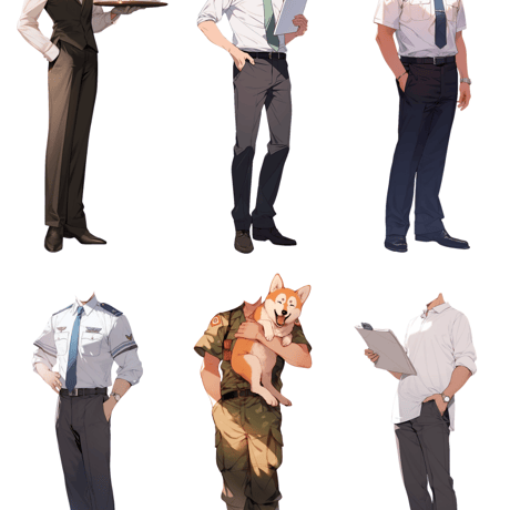 【透過素材】制服/男性50枚(立ち絵作成用・学生、医者、店員、シェフ、警察、消防士、パン屋、花屋、配達員、パイロット、 祭司、スーツ)