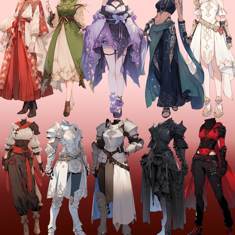 【透過素材】ファンタジー衣装/女性50枚(立ち絵作成用・魔法使い、騎士、戦士、貴族、アサシン、踊り子、中世）