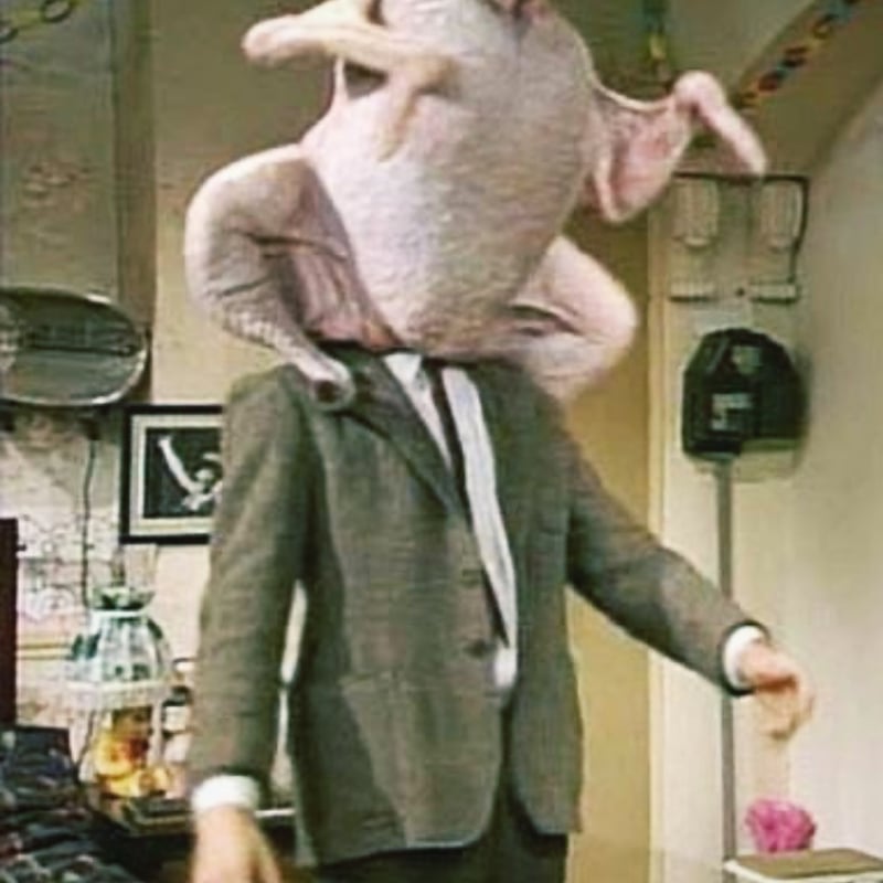 Mr. Bean turkey on head | Thrift shop Shiya Shica