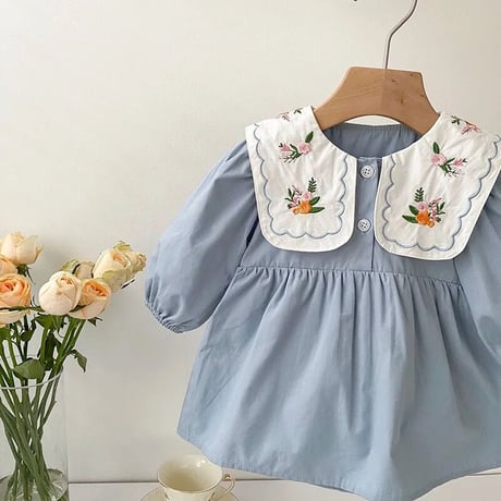 【size66-90】セーラー襟 花柄刺繍 長袖 ロンパース ワンピ