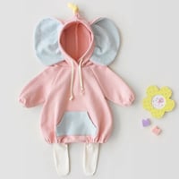 【size 70-100】ゾウさん耳付きフード 長袖 ロンパース トレーナー