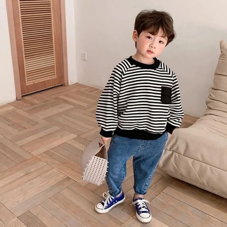 【size80-120】ボーダー長袖トレーナー