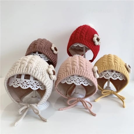 【5color】かぎ針編み フラワー モチーフ ボンネット ニット帽