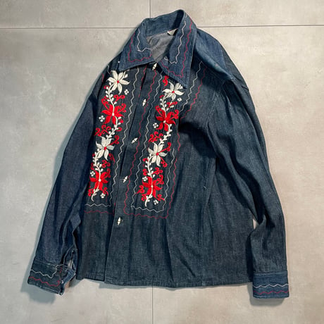 70s Flower Embroidery Mexican Shirt