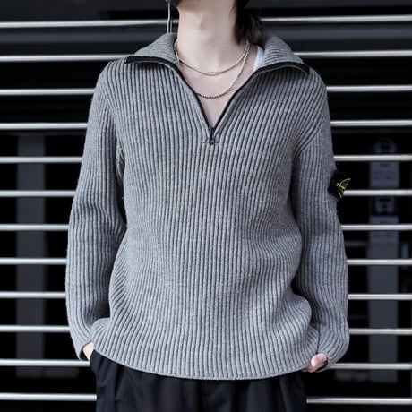 "Stone Island" 2003A/W Ribbed Wool High-Neck Half-Zip Knit Sweater