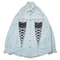 80s-90s Denim × Nylon lace design L/S shirt