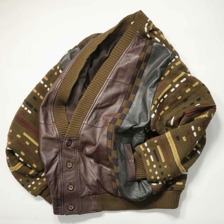 80s- Leather & 3D Knit Cardigan