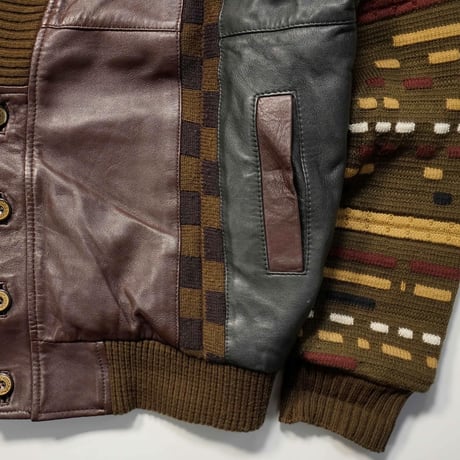 80s- Leather & 3D Knit Cardigan