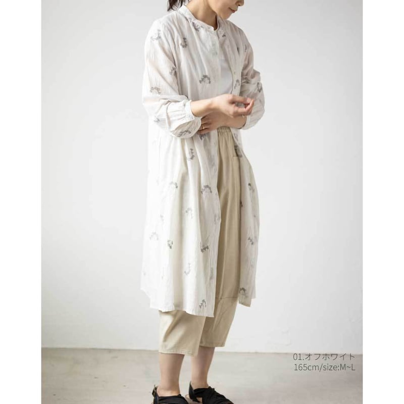 綿100%ミモザ刺しゅうバンドカラーシャツワンピース | Lagrima_store