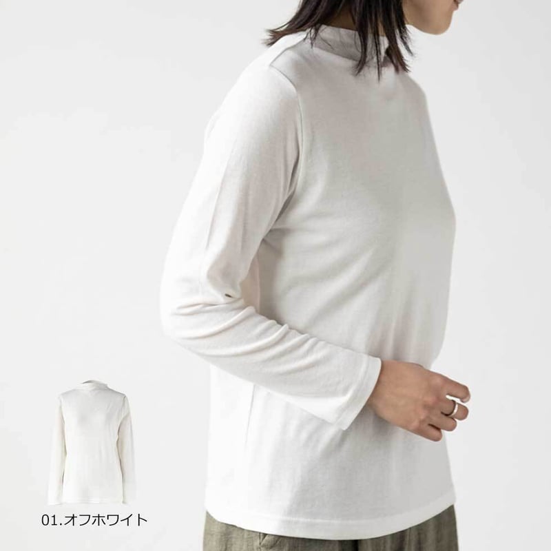 【ホワイト】ハイバックネック プルオーバー カットソー セール】ブライトタックバイアスヘンリーネックプルオーバー（Tシャツ