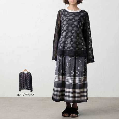 綿麻 レースプルオーバー ゆったり M-L 春夏 日本製 レディース ネイビー ブラック