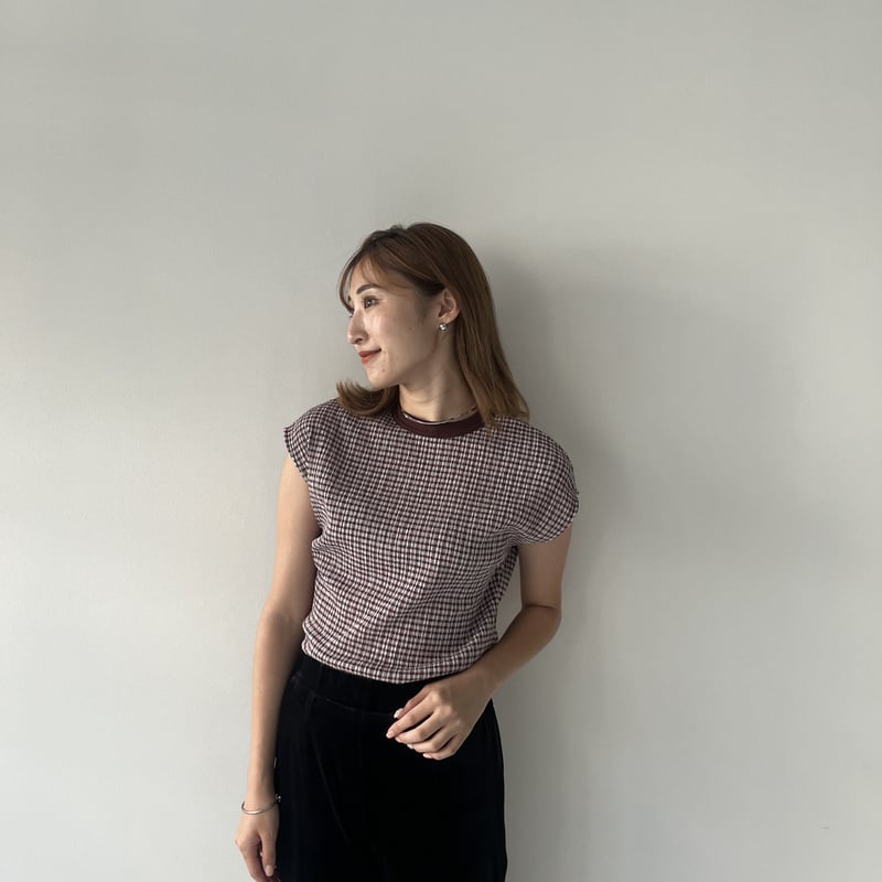 ギンガムチェックフレンチスリーブTEE(REDBROWN×GRY) | MAISON RAVIEW