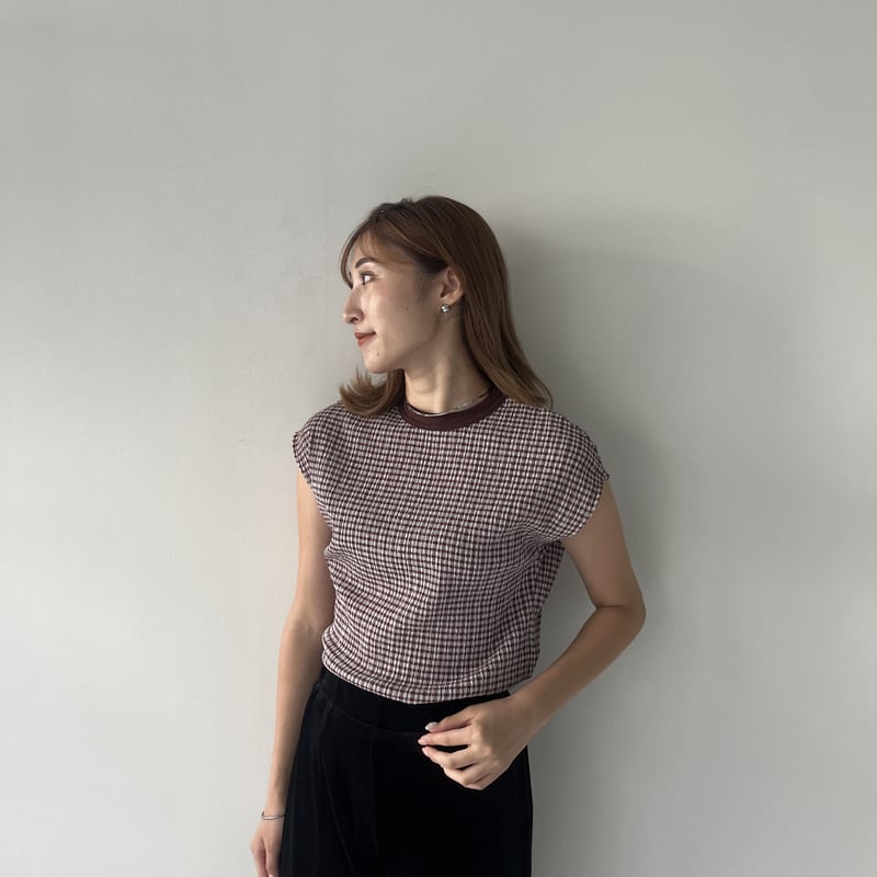 ギンガムチェックフレンチスリーブTEE(REDBROWN×GRY) | MAISON