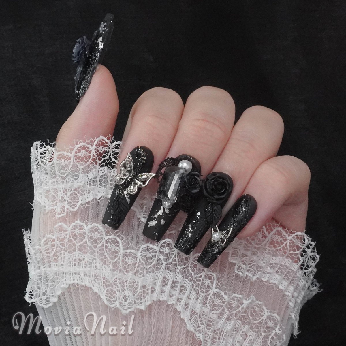 No.028】ネイルチップ♡レースフレンチ♡ゴスロリ♡地雷サブカル♡黒