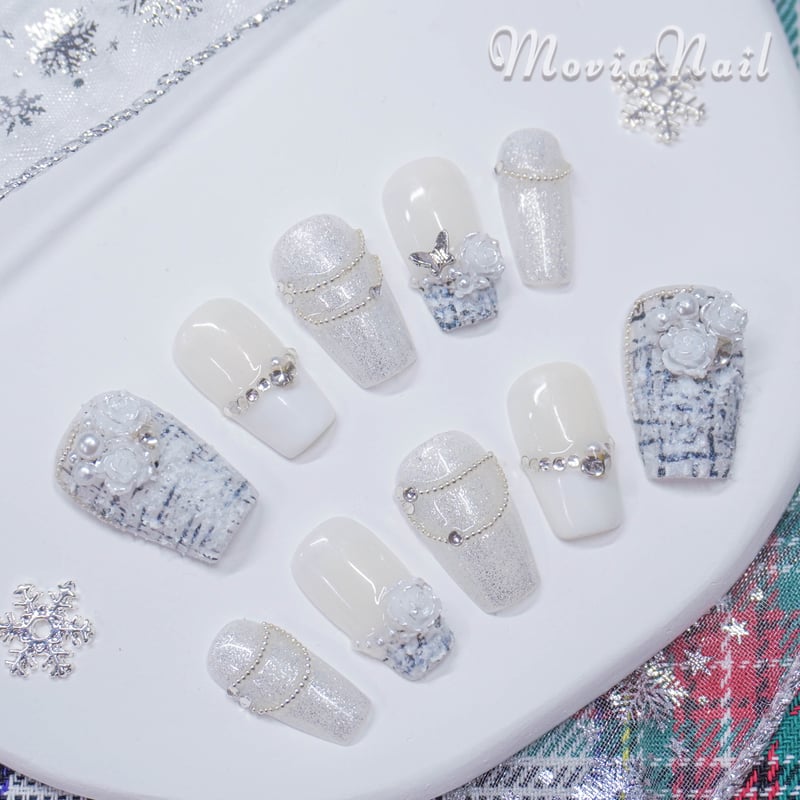 ネイルチップ‪‪⋈韓国 白 冬 ツイード クリスマス フレンチ 量産型地雷‬‬  