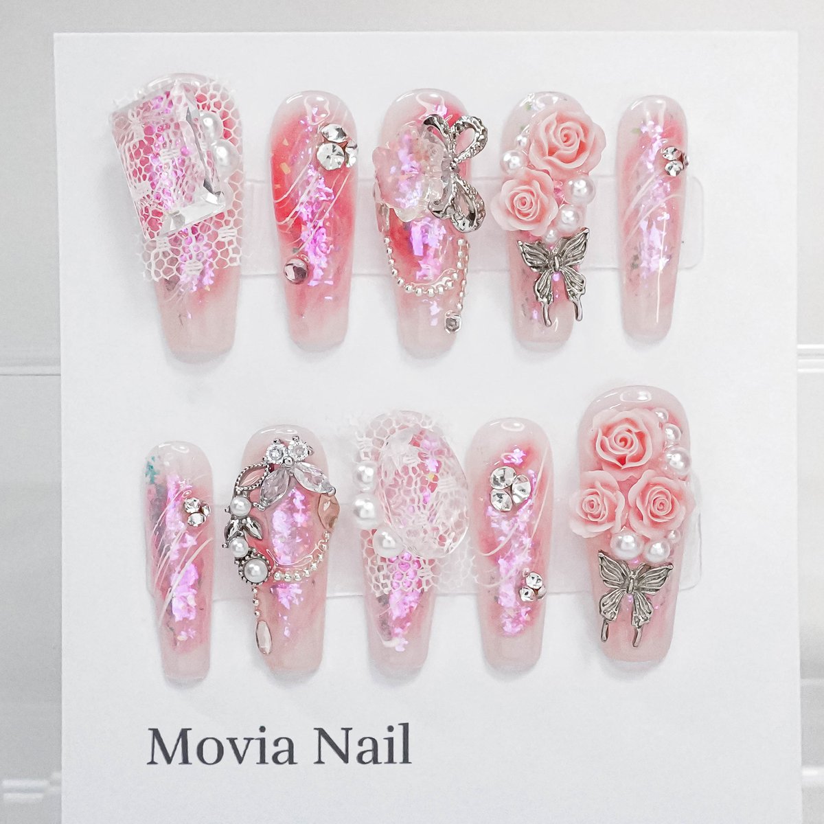 ピンク410S♡量産型ワンホンゴテゴテギャル3D薔薇花柄フラワーネイル