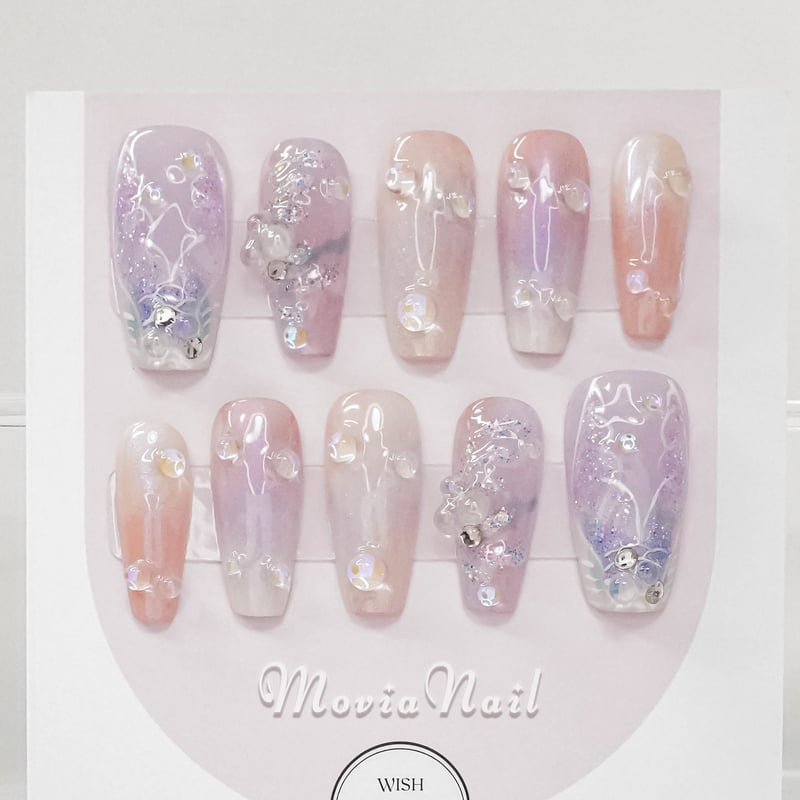 オーダー】ネイルチップネイビーワンカラーリボンワンホン韓国推し参戦