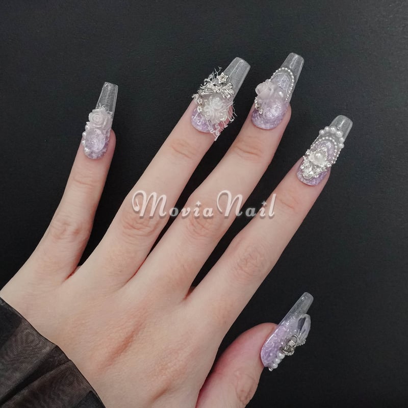 紫120S♡量産型ワンホンゴテゴテギャル3D薔薇花柄フラワーネイルチップ