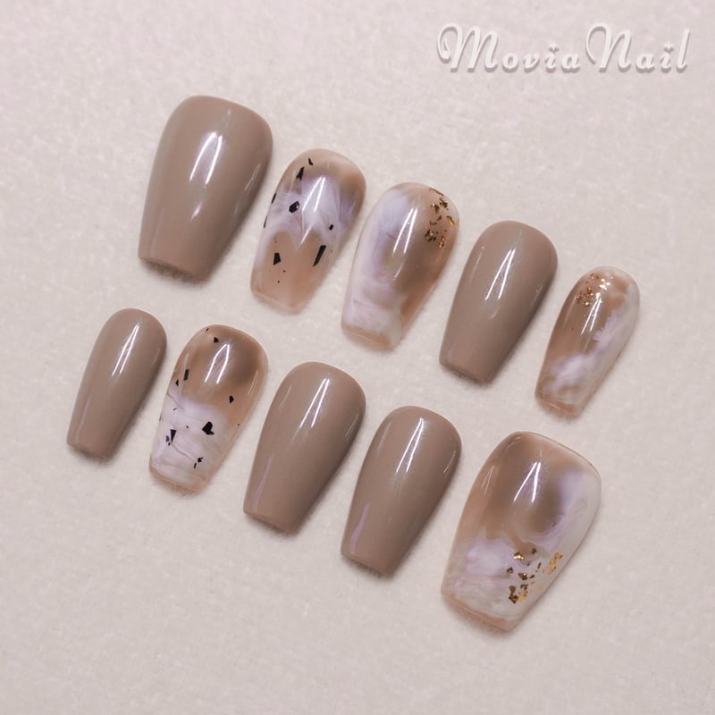 ブラウン63M♡ニュアンス韓国ショートシンプルネイルチップ現品 