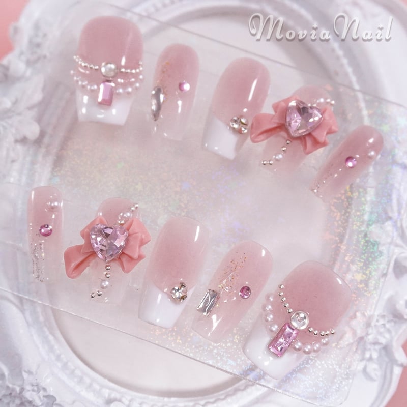 現品ネイルチップ ピンクフレンチガーリー 可愛いリボンキラキラ