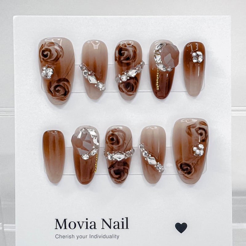 お急ぎ便A♥ 【手数料お客様負担】ネイルチップ 量産型 韓国 ワンホン シンプル ブラウン36XS♡37S♡38M♡ニュアンスフラワー大人ワンホン韓国シンプル
