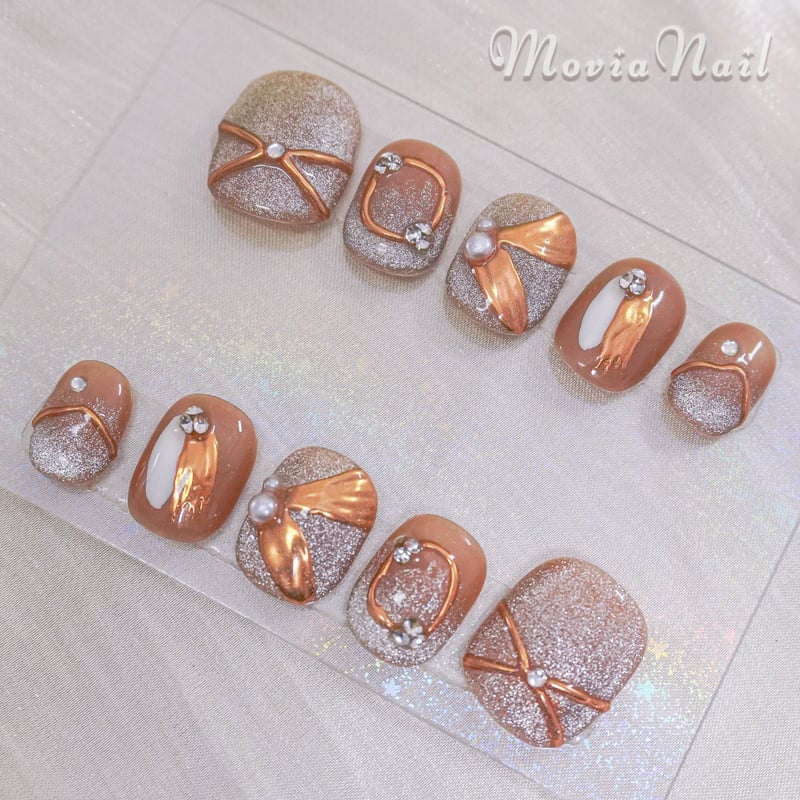 ネイルチップオーダー べっ甲サンド砂ブラウンニュアンス左右非対称ゴールドショート ネイルチップオーダー べっ甲サンド砂ブラウンニュアンス左右