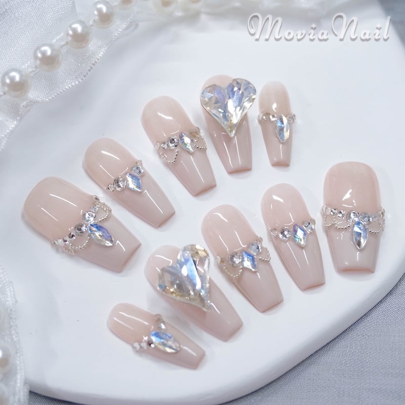 ネイルチップ‪‪⋈量産型韓国 ベージュ ハート フレンチガーリー ちゅる‬‬  