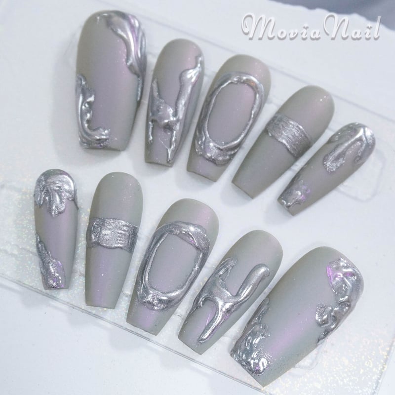 現品ネイルチップ シルバーパープルオーロラマット y2k地雷