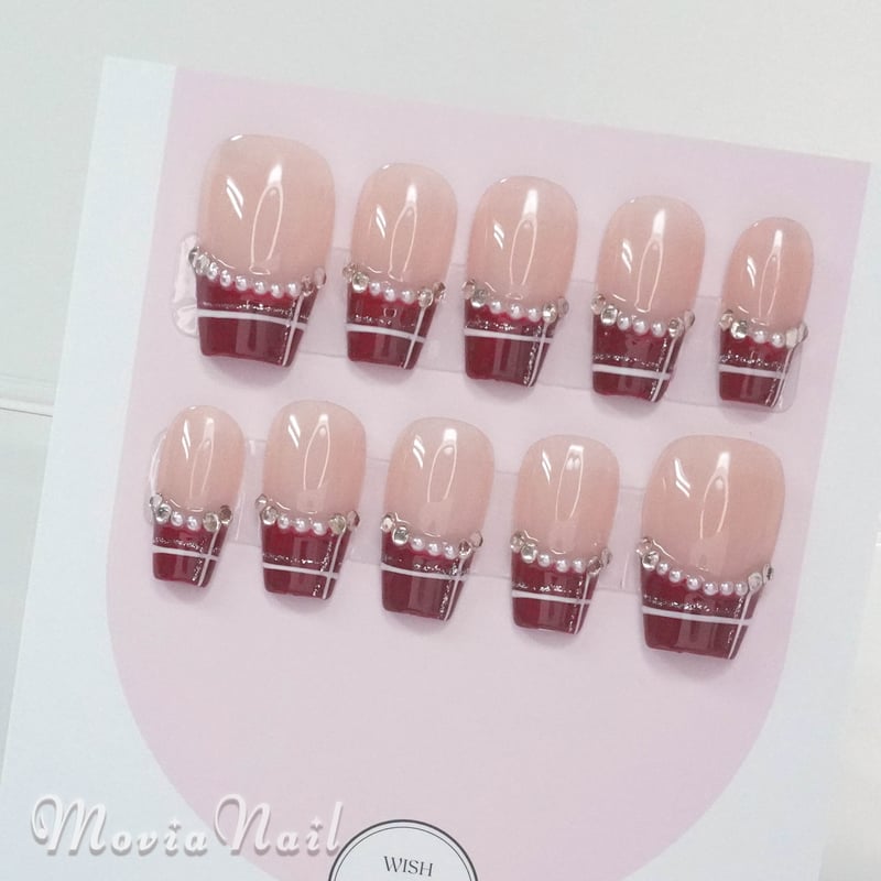 パーティを彩るご馳走や 赤37XS⋈38S⋈39M⋈量産型ワンホン韓国フレンチガーリーチェック ネイルチップ・付け爪