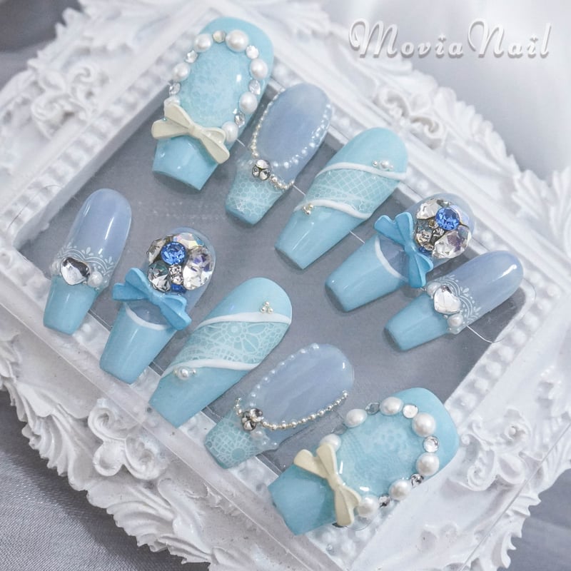 ネイルチップ‪‪⋈量産型 韓国 水色 冬 クリスマス レース リボン ゆめ‬‬  