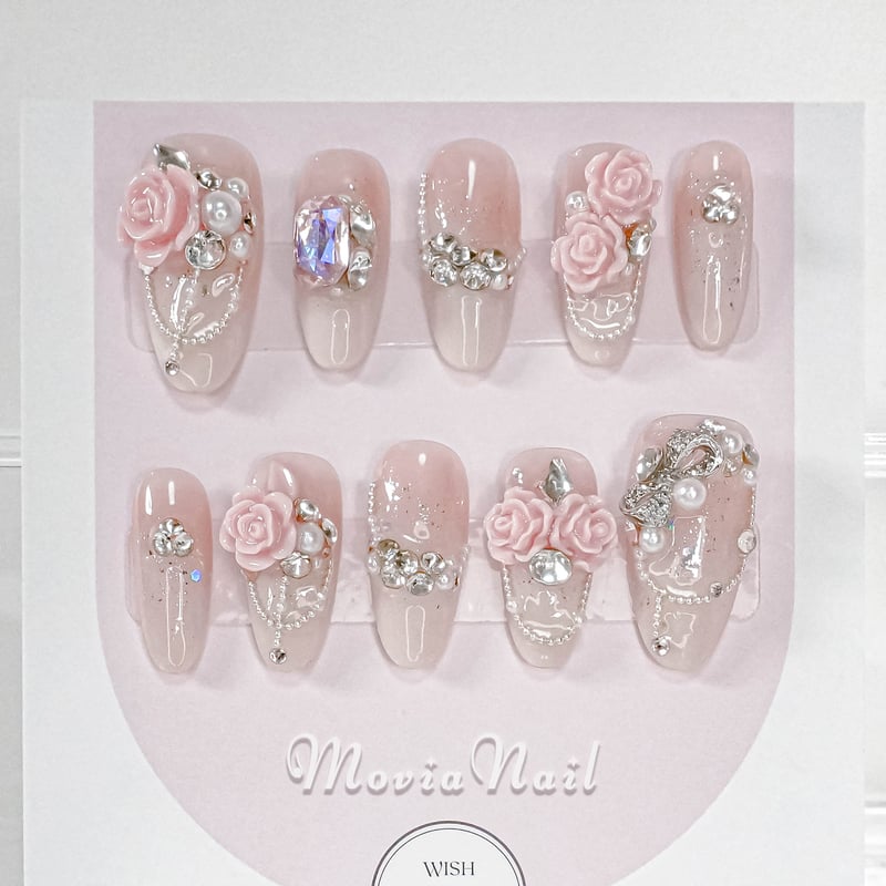 ベージュ69S♡韓国ワンホンゴテゴテ3D薔薇花柄フラワー振袖袴春ネイル