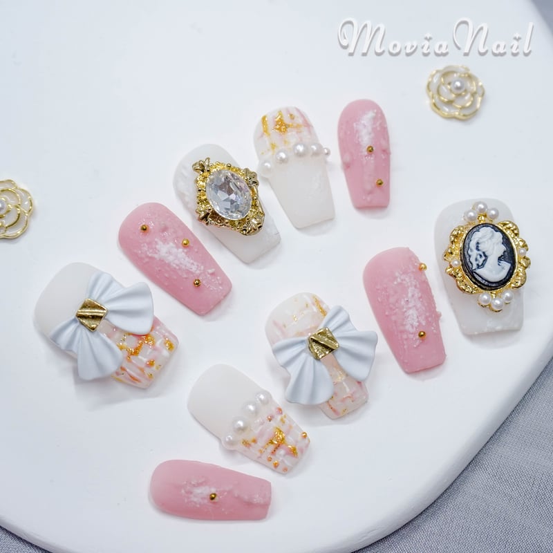 ネイルチップ‪‪⋈韓国 ピンク 冬 ツイード カメオ クリスマス 量産型‬‬  